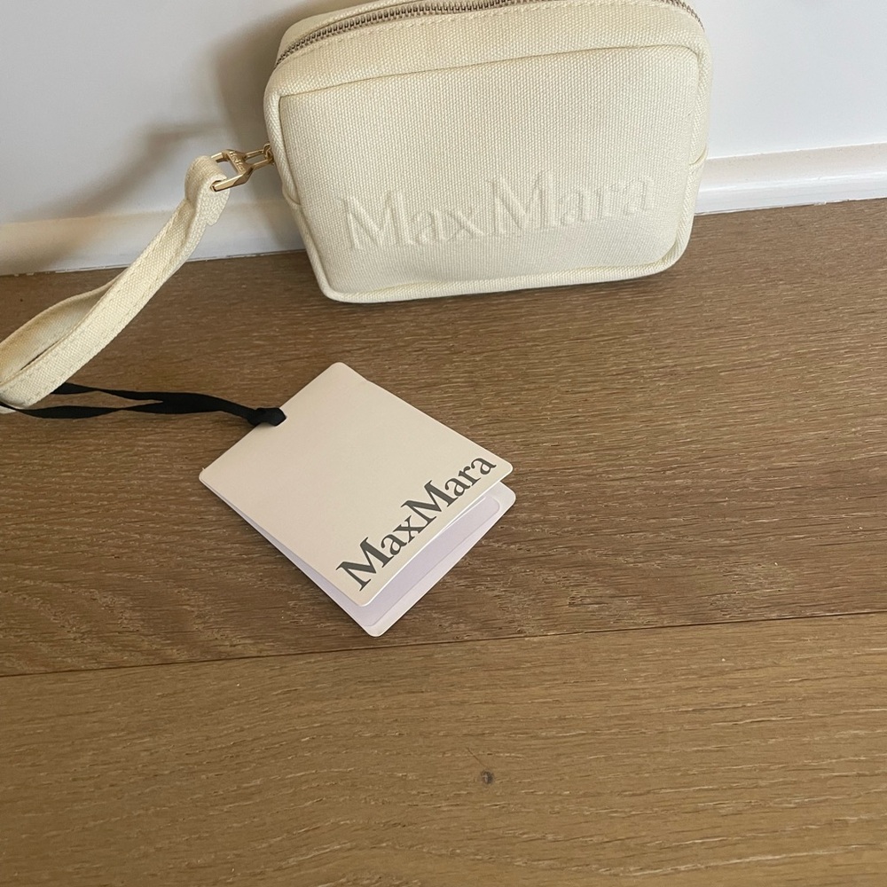 MaxMara Cream Canvas Wristlet Pouch with Embossed Logo
